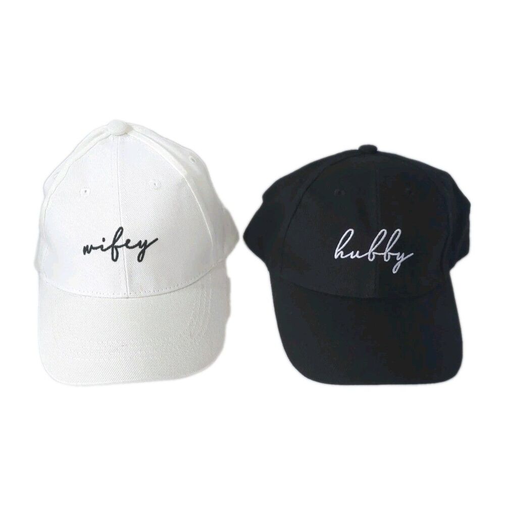 Hubby and Wifey Caps One Size Black & White Embroidered Bridal Wedding Set Hats
